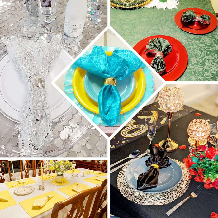 Elegant table settings with decorative napkin folds and vibrant tableware.