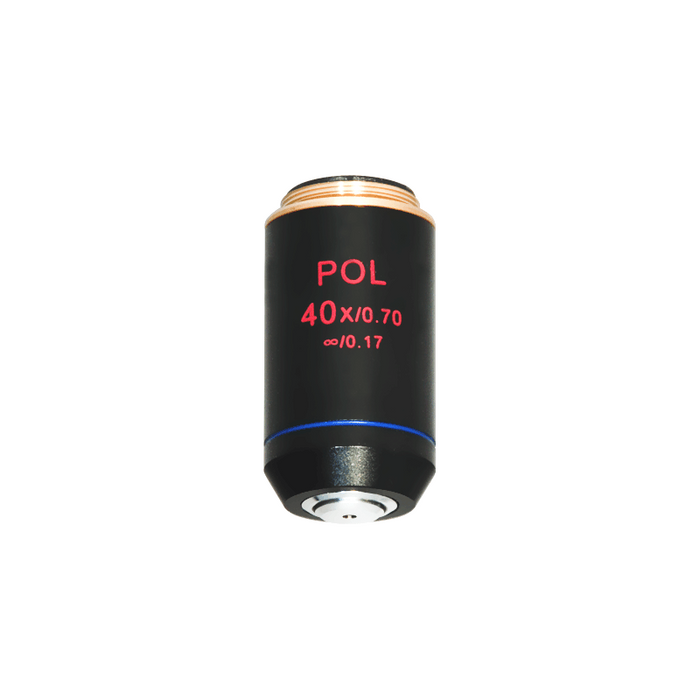 40X Infinity-Corrected Achromatic POL Polarizing Microscope Objective Lens 20.3mm, 4/5in. with Black Finish, SKU PL03023512, three quarter front view