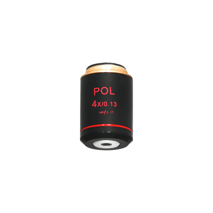 4X Infinity-Corrected Achromatic POL Polarizing Microscope Objective Lens, SKU PL03023212, three quarter front view