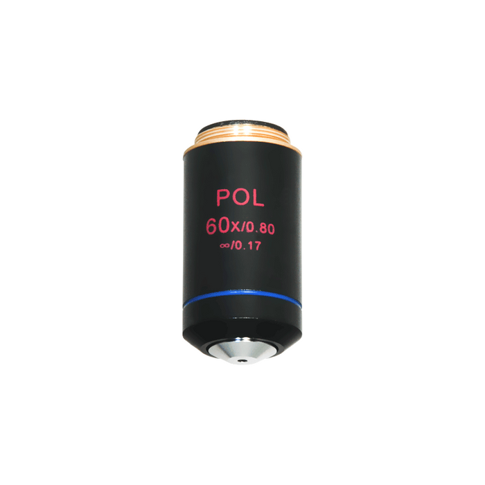 60X Infinity-Corrected Achromatic POL Polarizing Microscope Objective Lens 20.3mm 4/5in. with Black Finish, SKU PL03023612, three quarter front view
