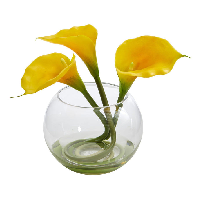 9’’ Calla Lily Artificial Arrangement in Rounded Glass Vase