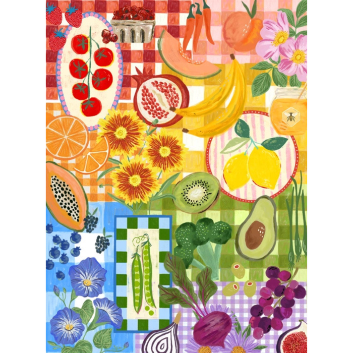 Experience the essence of summer with Puzzlefolkโs "A Perfect Picnic | 1,000 Piece Jigsaw Puzzle," featuring a lively collage of fruits, vegetables, flowers, and honey set against a vibrant patchwork of checkered red, yellow, green, and blue backgroundsโperfect for joyful days spent puzzling.