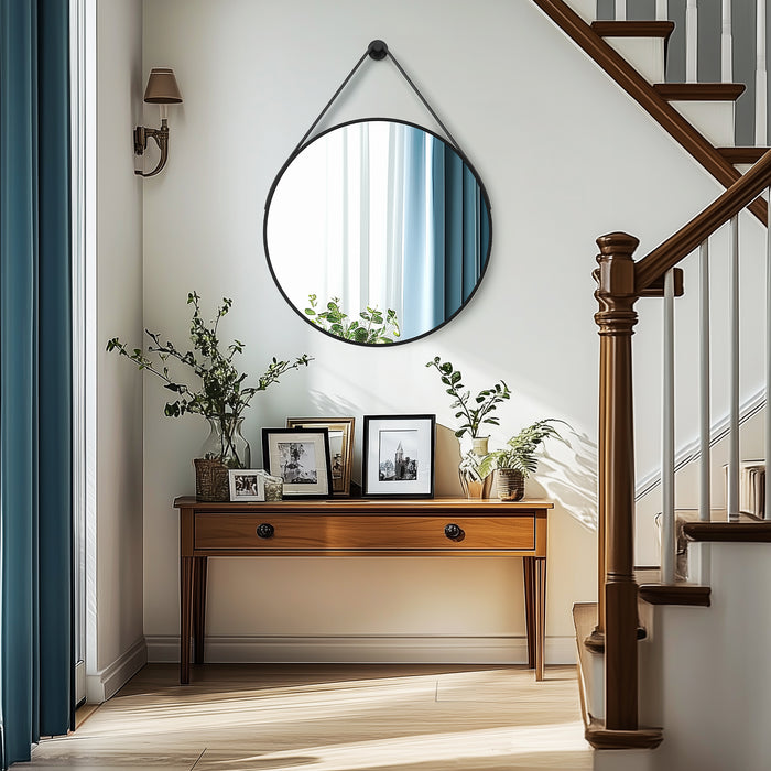 Black Round Mirror With Hanging Rope For Living Room, Bedroom, Entryway
