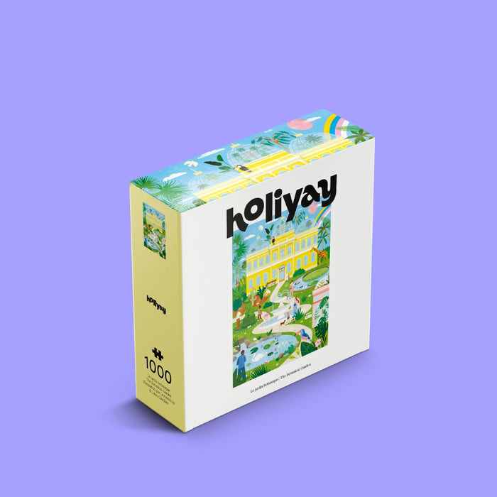 The Botanical Garden | 1,000 Piece Jigsaw Puzzle by Holiyay Puzzles comes in a box featuring Laura Lhuilierβs colorful illustration of a vibrant garden with a yellow building, set against a light purple background.