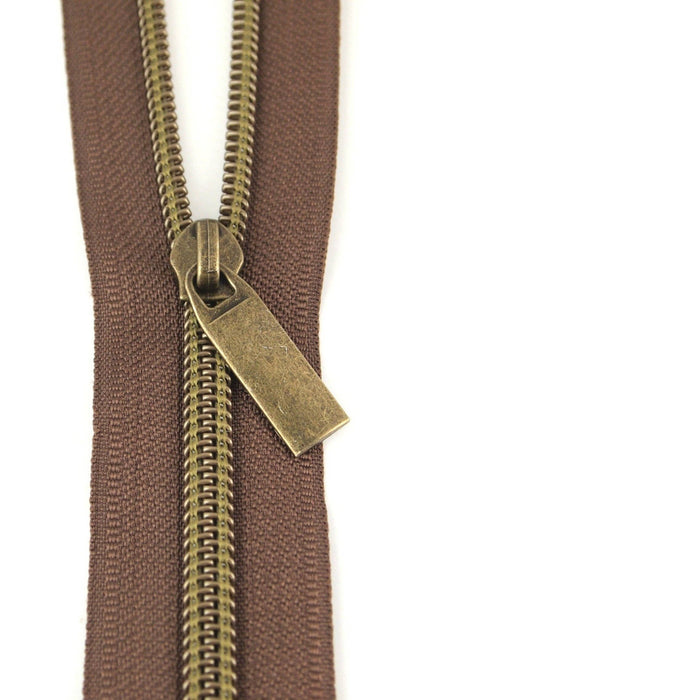 Brown #5 Nylon Coil Zippers: 3 Yards with 9 Pulls
