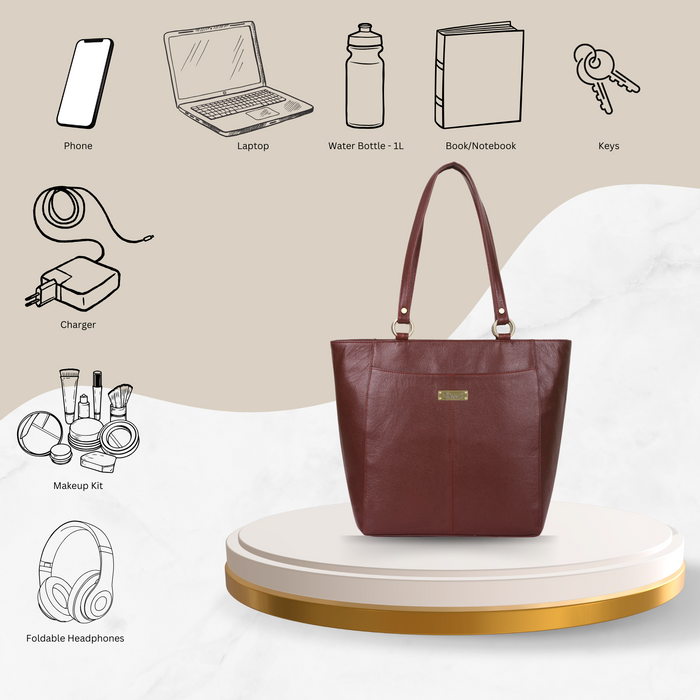 Women's brown leather shoulder tote bag for work, travel, and daily use-feature image