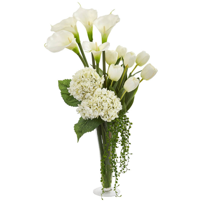Calla, Hydrangea & Tulips Artificial Arrangement in Flared Vase