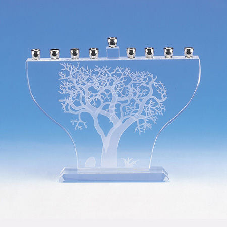 Clear Glass With Frosted Tree Of Life Menorah