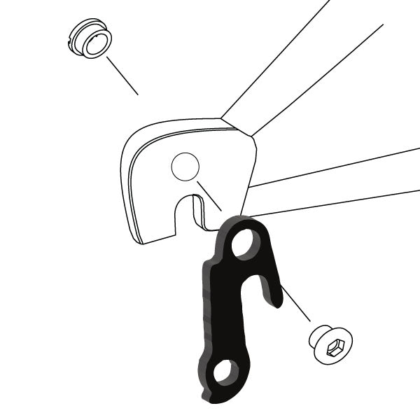 Hanger #93 attaches to the rear dropout from the outside or derailleur side using one M8 chainring bolt.