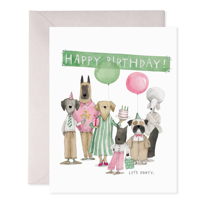 Dog birthday greeting card with 'Happy Birthday' text, dressed dogs and balloons