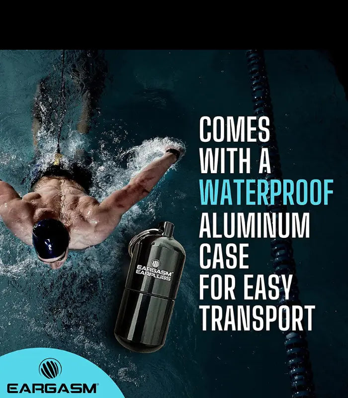 Sleep and Sound Eargasm Aquaplugs waterproof earplugs shown with compact case ideal for protecting ears from water during swimming or bathing