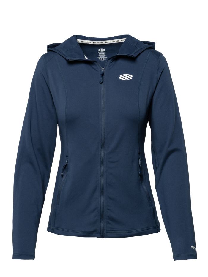 Front view of Essentials 2.0 Women’s Dual Soft Full Zip Jacket with navy hood, full zip, and zippered pockets