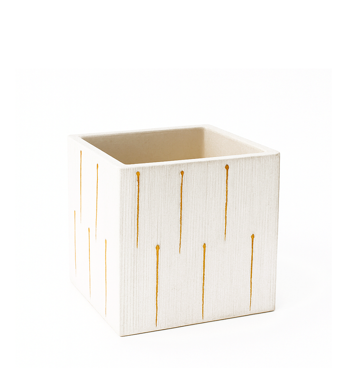 ETCH CUBE VASE - 5" × 5" × 5" - White/Gold