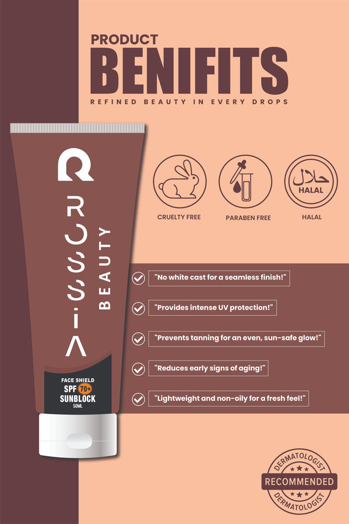 Benefits of Rossia Beauty Sunblock SPF 70 (50ml) for all skin types. Provides strong UVA/UVB protection, prevents sunburn, and supports even skin tone and glow.