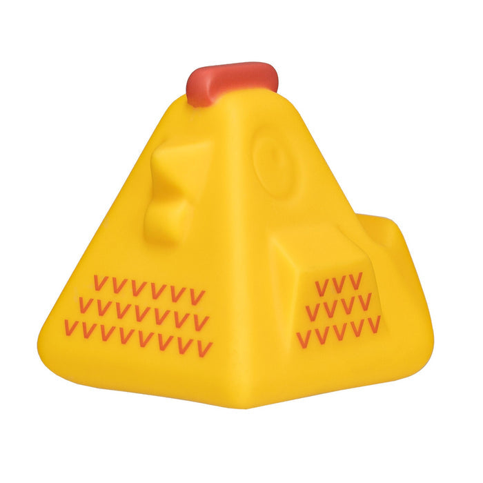The Farm Animal Bath Toys collection features a yellow, pyramid-shaped rubber toy styled as a chicken, complete with a red comb on top, beak, circular eye, and red V marks on the sides. This adorable bath toy is perfect for playtime and makes a delightful addition to any baby bath toy collection.