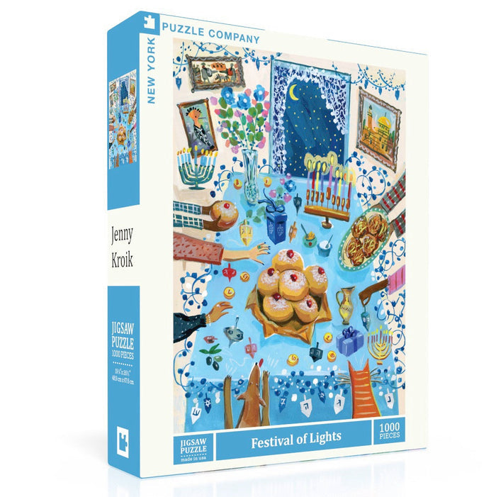 The Festival of Lights | 1,000 Piece Jigsaw Puzzle by New York Puzzle Company features a Hanukkah scene with menorah, dreidels, sufganiyot, blue dΓ©cor, and a premium linen finish for festive puzzling fun.