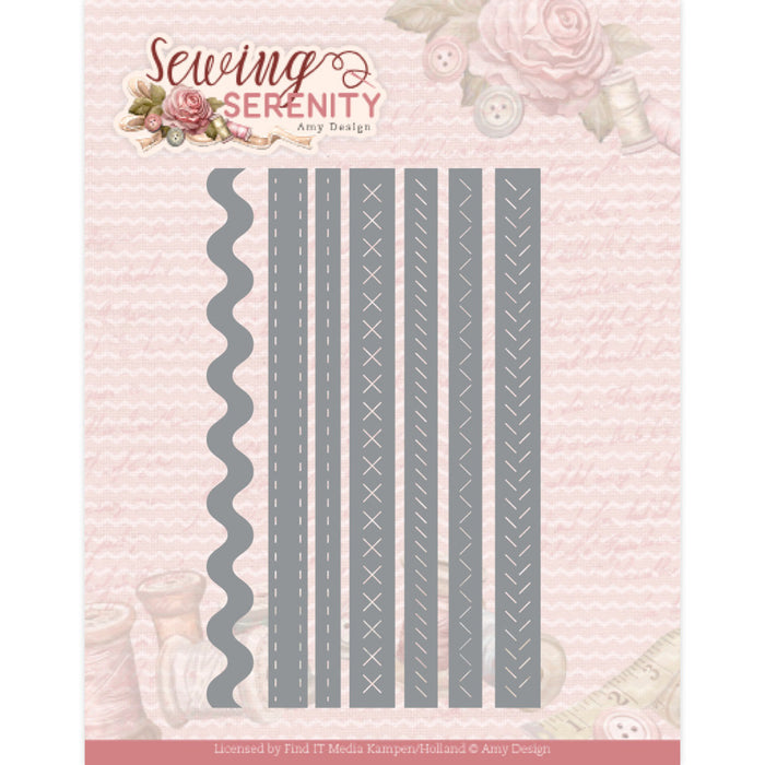 Amy Design Die - Sewing Serenity - Sewing Stitches. Size: approx. 12,5 x 7,5CM. Available at Embellish Away located in Bowmanville Ontario Canada.