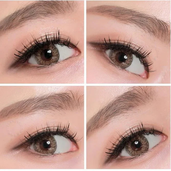 Collage of multiple angled views of the Tri-Color Brown colour contact lens worn on one eye, paired with long lashes and neutral eye makeup, showing the brightening effect of the green contact lens on a dark iris.