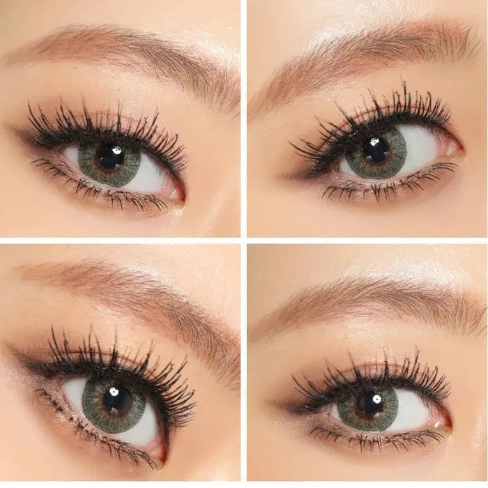 Collage of multiple angled views of the Tri-Color Green colour contact lens worn on one eye, paired with long lashes and neutral eye makeup, showing the brightening effect of the green contact lens on a dark iris.