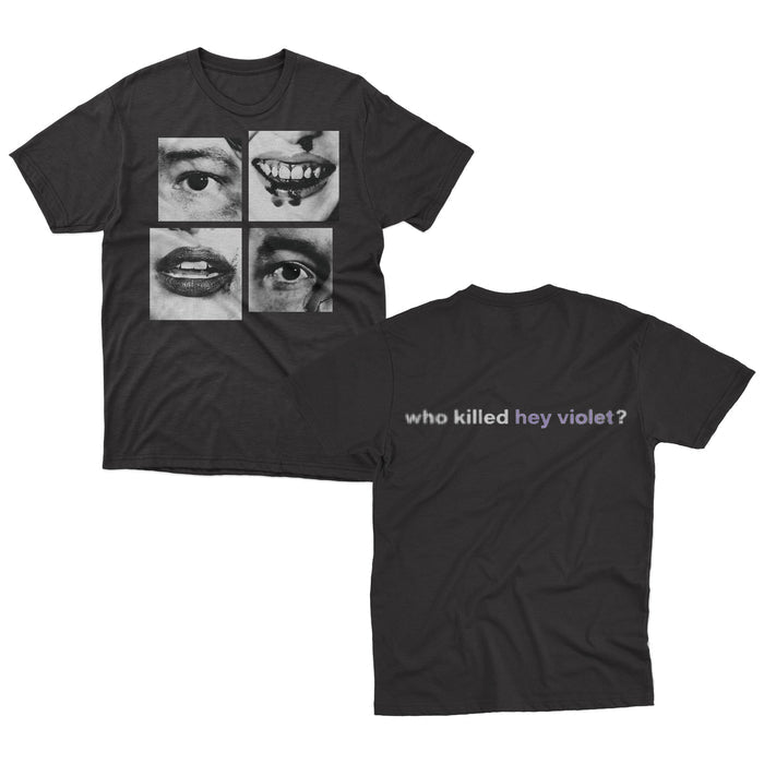 This Hey Violet exclusive features a black Comfort Colors T-shirt with four black-and-white mouth photos on the front and โwho killed hey violet?โ on the backโโhey violetโ in purple, the rest in white.