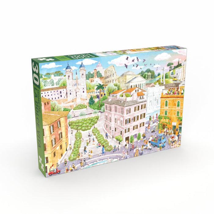 Discover the "Home of La Dolce Vita" by Penny Puzzle—a 1,000-piece illustrated jigsaw puzzle featuring a vibrant Italian cityscape filled with historic buildings, lively people, lush trees, and a bright sky—perfect for anyone who loves Italian city puzzles.