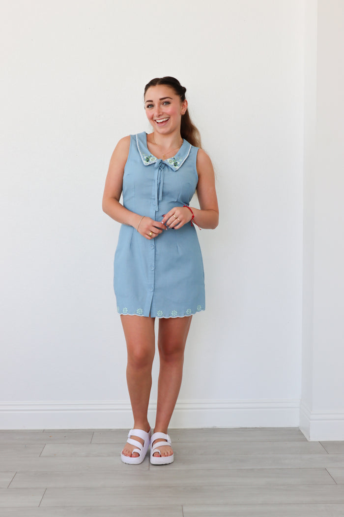 girl wearing blue button down short dress