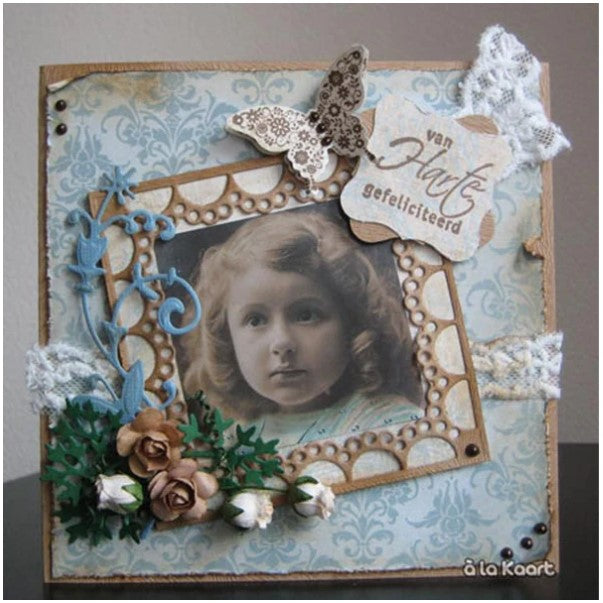 Marianne Design - Craftables Die - Passe Partout - Square. Make pretty Window apertures and doily backgrounds for your cards. Craftables can be used in all leading brand die cutting systems. 4 piece die set. Approx.. sizes: 3 1/2" and 2". Available at Embellish Away located in Bowmanville Ontario Canada. Card example by brand ambassador.