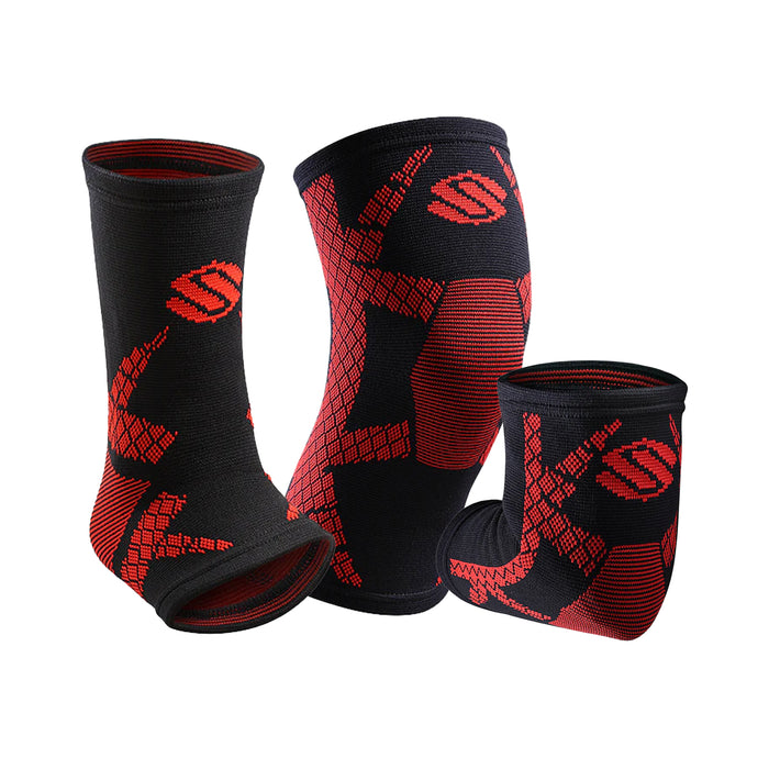 Black and red knit compression sleeves for knee and ankle, set of three with geometric red pattern