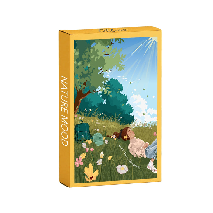Olleo Puzzlesβ Nature Mood 99 Piece Jigsaw Puzzle features art by Mathilde Garcia of two people relaxing under a tree with flowers, backpacks, and sunlightβa charming scene perfect for peaceful daydreams.