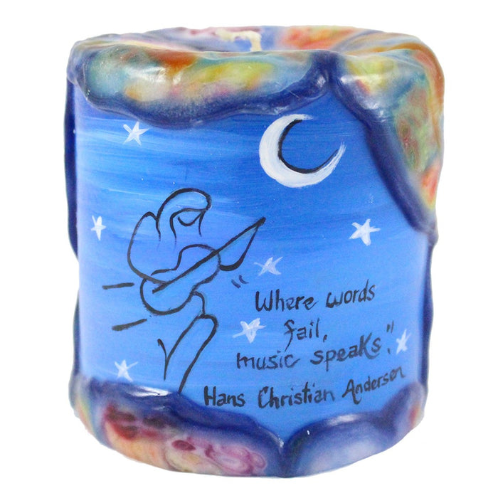 Painted Veneer Pillar Candle - "Where words fail, music speaks." - Hans Christian Anderson 4X4 - Candlestock.com