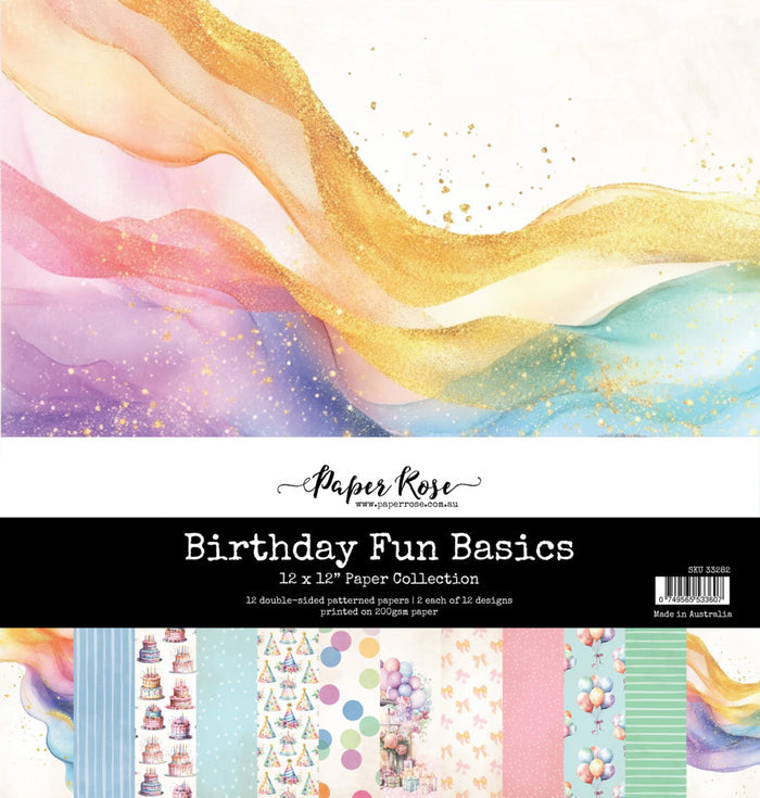 Paper Rose - 12X12 Paper Collection - Birthday Fun Basics. 12 double-sided patterned papers. Available at Embellish Away located in Bowmanville Ontario Canada.
