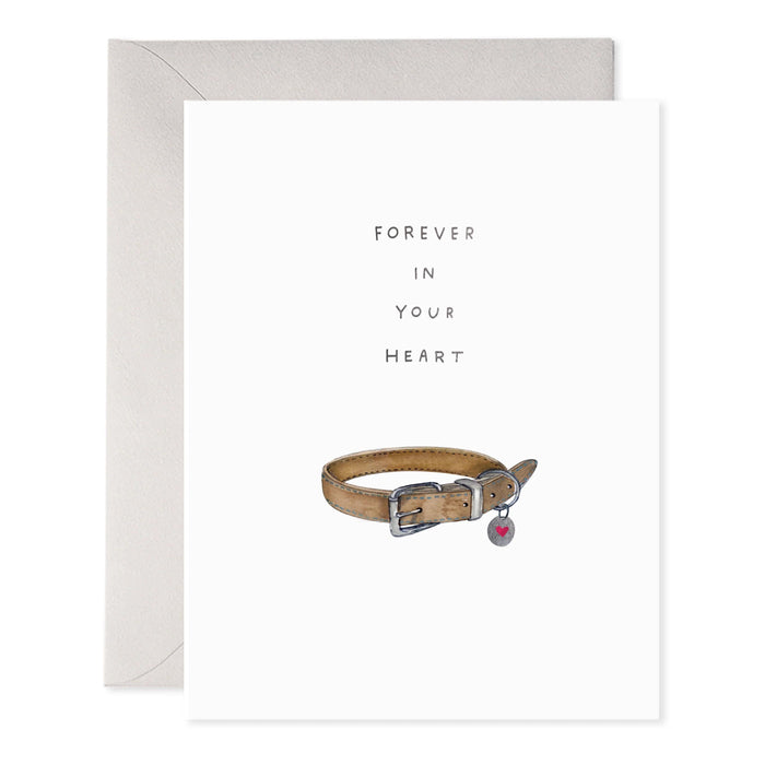Sympathy greeting card with pet collar illustration and 'Forever in your heart' text