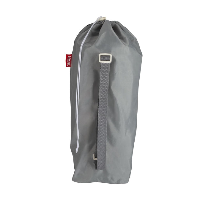 The Nuby Pop Up Booster Seat | Blue is shown against a white background in a gray drawstring laundry bag with an adjustable shoulder strap and red side tag, ideal for carrying essentials like this portable baby seat.