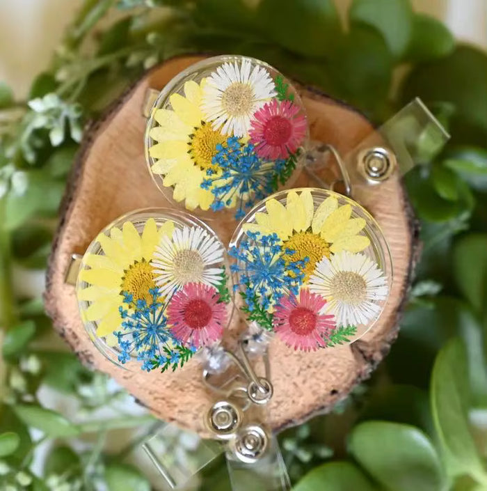Pressed Flower Badge Reel - Yellow, Blue, Pink and White