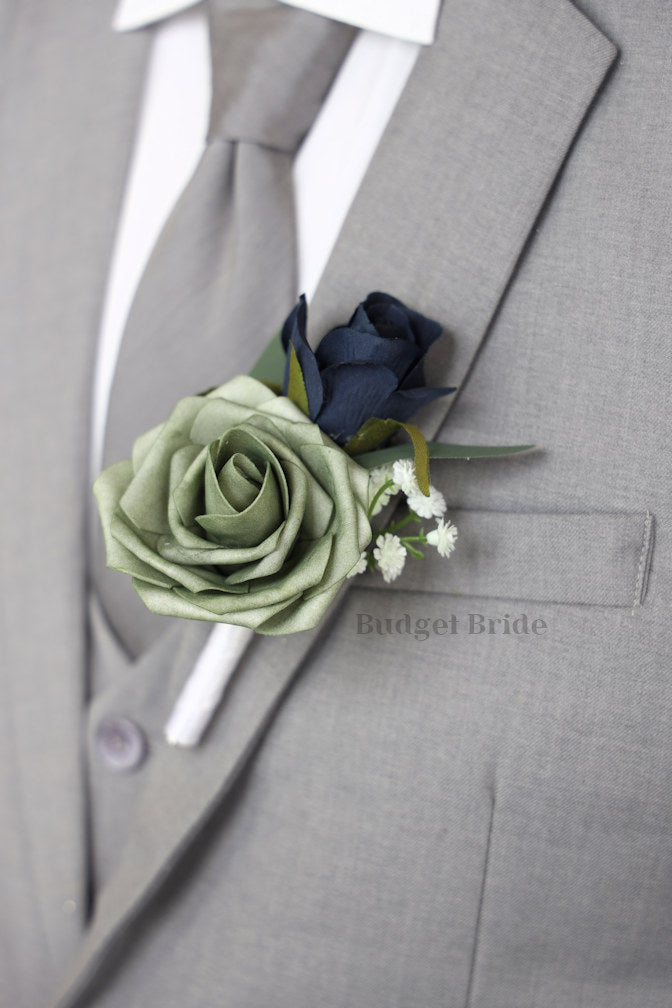 Sage Green and Navy Blue Silk Wedding Bouquet - $39.50 | Flynn
