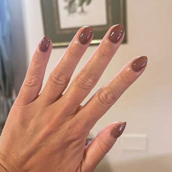Shacket - Gel warm rose neutral gel polish on neatly shaped nails for a smooth, long-lasting mani by Olive and June