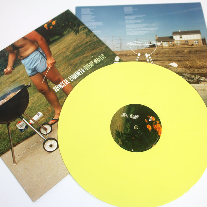 A yellow LP labeled Cheap Grills rests atop two album coversβone with a shorts-clad barbecuer, the other with a grill and suburban houseβperfectly capturing the Sincere Engineer brandβs vibe.