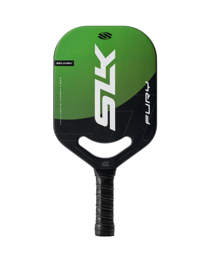 Green-and-black paddle marked SLK, SELKIRK, FURY and USA, with cutout handle and wrapped grip