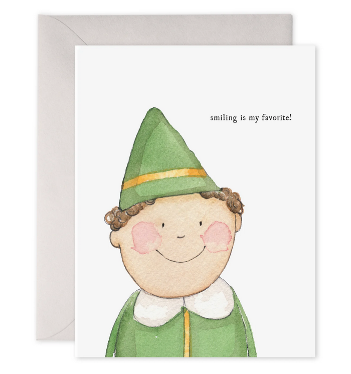 Smiling buddy holiday card with watercolor elf face in green hat; text reads βsmiling is my favorite!β