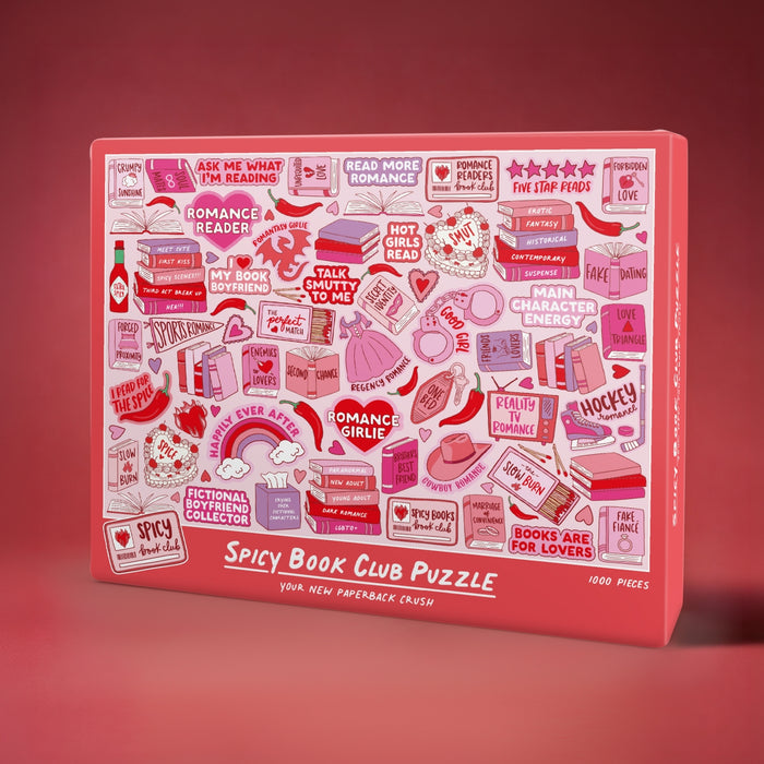 Bubblegum Stuffβs Spicy Book Club | 1,000 Piece Jigsaw Puzzle features illustrated romance book-themed icons and playful phrases on a vibrant pink and red boxβperfect for pop culture puzzle fans and cozy book club gatherings.