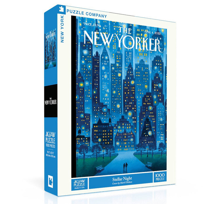 The New York Puzzle Companyβs Stellar Night | 1,000 Piece Jigsaw Puzzle features a city skyline at night with glowing windows and stars, inspired by Mark Ulriksenβs The New Yorker cover.