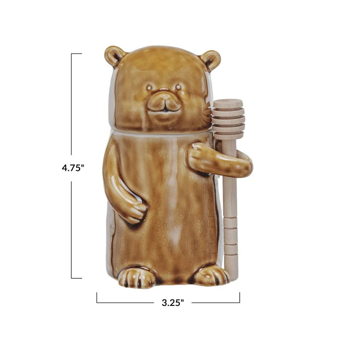 Stoneware Honey Bear Jar w/ Wood Honey Dipper