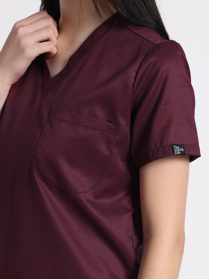 Stretchable (2Way) Women Wine V-Neck Scrub Scrub Top