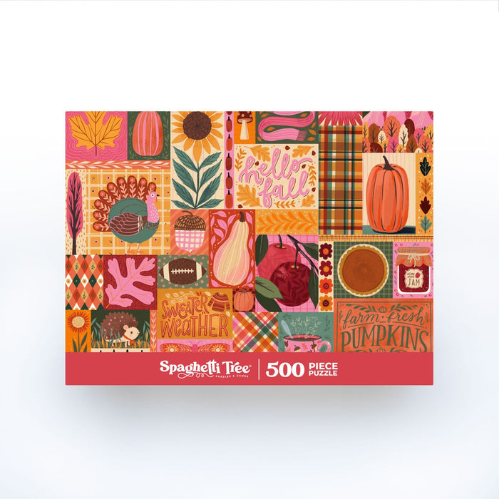 Introducing the Sweater Weather | 500 Piece Jigsaw Puzzle by Spaghetti Treeβa delightful autumn puzzle box filled with colorful fall-themed illustrations, including pumpkins, leaves, sunflowers, pie, cozy sweaters, and classic plaid patterns. This random cut 500-piece puzzle features inviting Spaghetti Tree branding on the front for a fun and challenging seasonal activity.