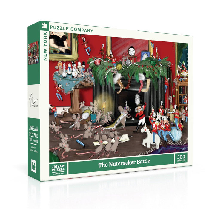 Box of The Nutcracker Battle | 500 Piece Jigsaw Puzzle by New York Puzzle Company, featuring an original illustration of animated mice and toy soldiers in a festive Christmas-themed scene. Proudly made in the USA.