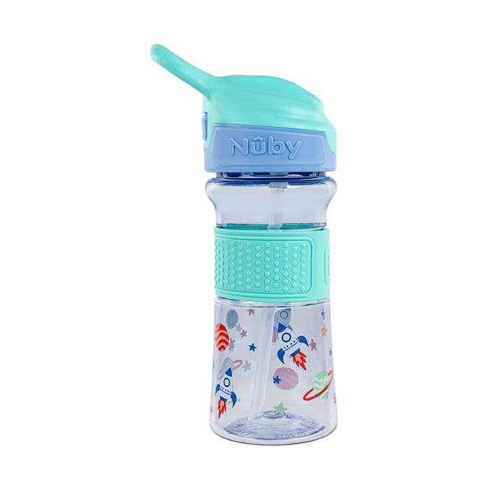 Thirsty Kids REFLEX Easy Grip Water Bottle | Aqua Space features a clear bottle, turquoise and purple flip-top lid, textured grip, space-themed rocket and planet designs, plus a soft silicone no-spill spout.