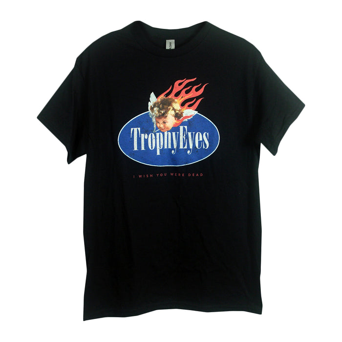 Trophy Eyes black T-shirt with a blue oval logo, vintage flaming cherub illustration above, and βI wish you were deadβ in red below.