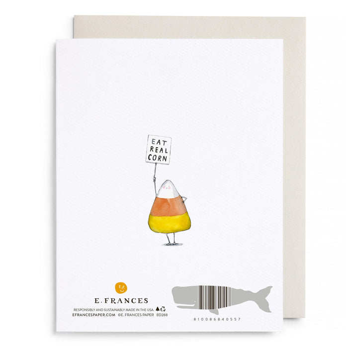 Veggie cartoon birthday greeting card with corn character holding βEat Real Cornβ sign