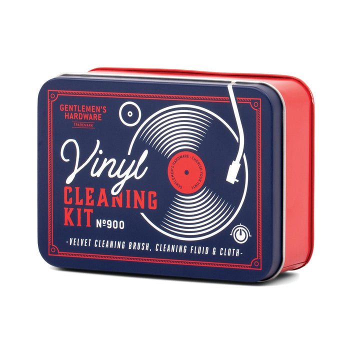 Vinyl cleaning kit tin with blue front and red side, record graphic design