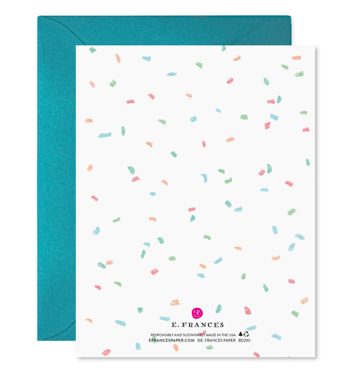 Birthday greeting card back with confetti pattern and βE. FRANCESβ logo